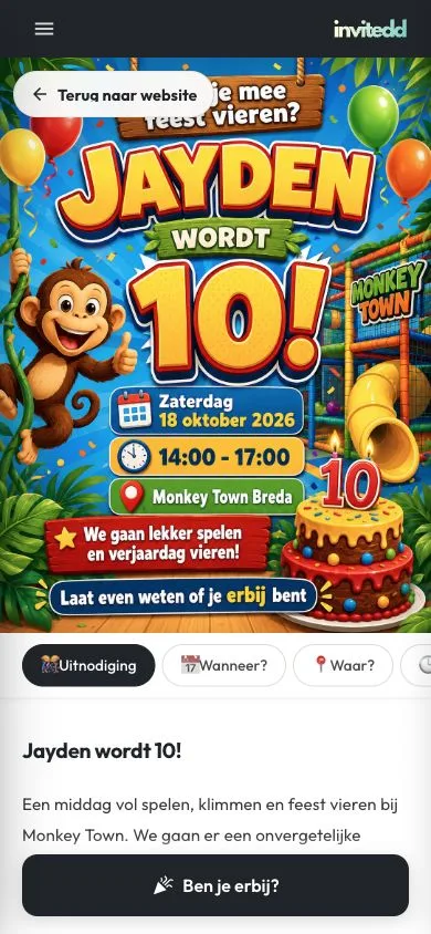 Mobiele Invitedd-uitnodiging met flyer, programma en RSVP-knop